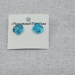 Women's Turquoise Gold Round Postback Floral Hypoallergenic Handmade Earrings